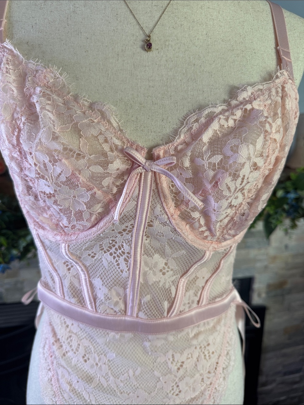 Victoria's Secret Pink Eyelash Lace Corset Teddy Bodysuit NWT XL - Picture 11 of 13